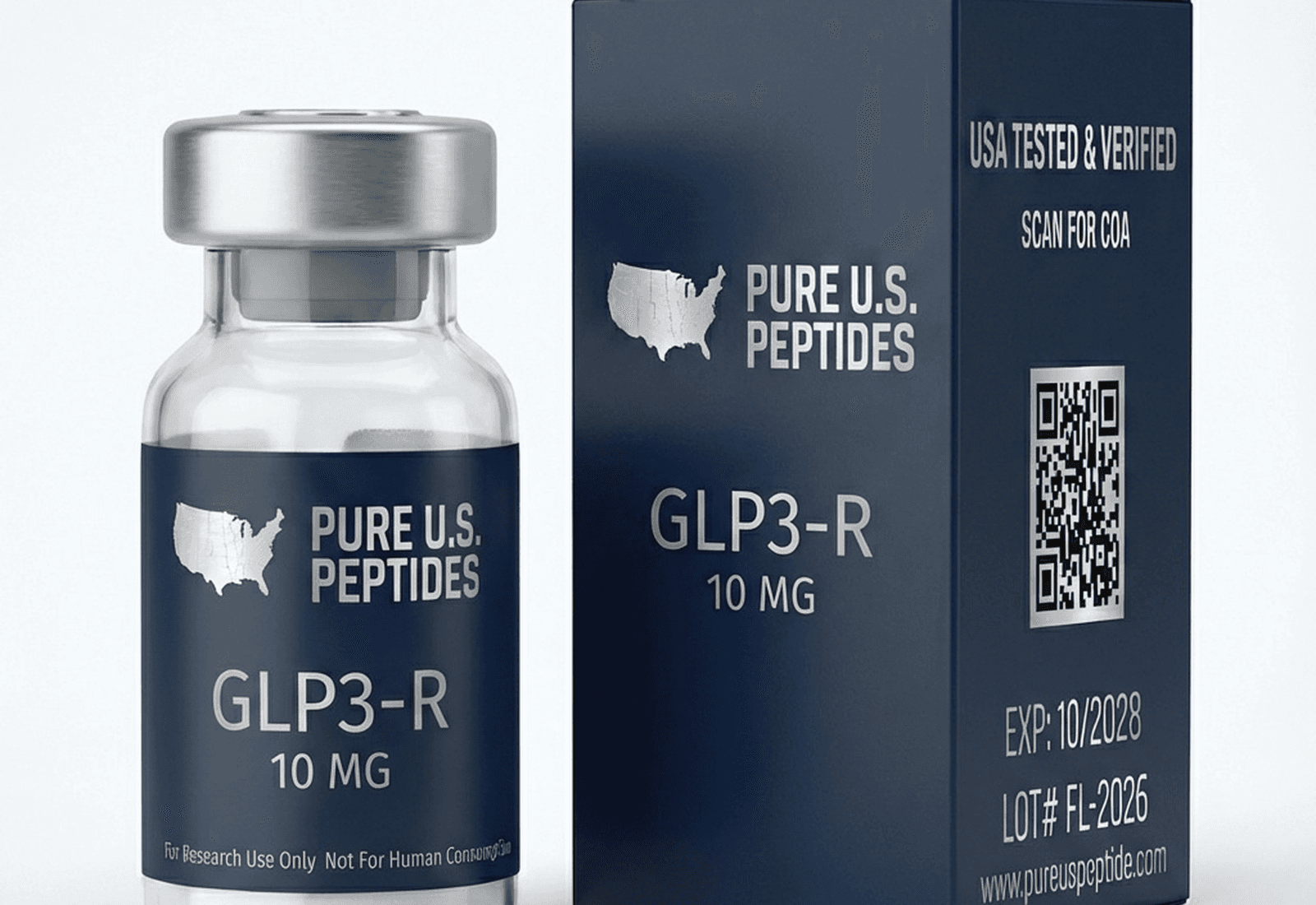 Pure U.S. Peptides vials arranged on a tabletop
